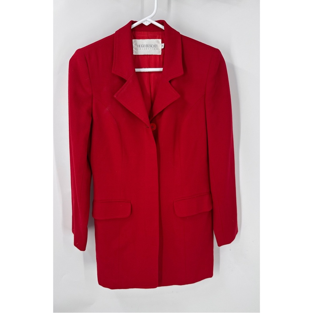 Hugo Buscati collection 100% wool hidden button closure long red blazer jacket 2